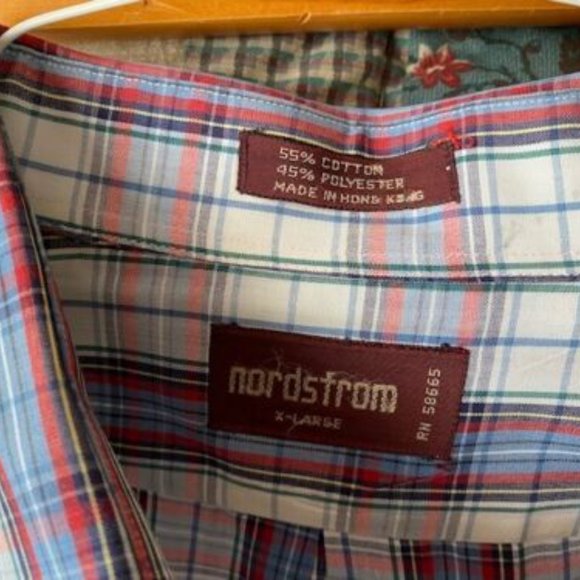 NORDSTROM * l/s BLUE White RED PLAID Dress SHIRT~ button collar & cuffs ~ XL - Picture 5 of 5